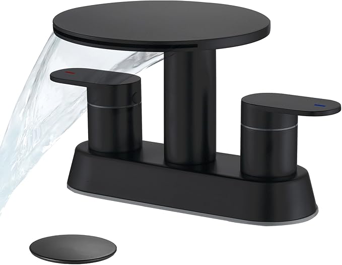 Bathroom Sink Faucet 3 Hole，Matte Black Waterfall Bathroom Faucet 4 Inch Centerset with Pop-Up Drain，2 Handles Stainless Steel faucets with Round Shelf for Vanity Sink, Rv