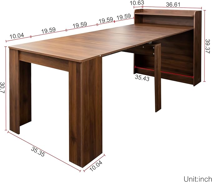 SOFTSEA Extendable Foldable Dining Room Table with Storage, Rustic Rectangle Expandable Kitchen Island, Walnut