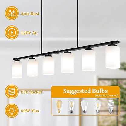 45.27'' Modern Farmhouse Kitchen Island Light, 6-Light Island Lights for Kitchen, Dining Room Light Fixture, Black Hanging Pendant Light with Milk Glass Shade, Linear Chandelier with Adjustable Rod