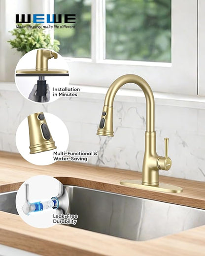 WEWE Vintage Kitchen Faucet with Pull Down Sprayer, Stainless Steel 1 or 3 Hole High Arc Single Handle Antique Sink Faucet for Classic Modern Ktichen, Gold Bar & Prep Sinks