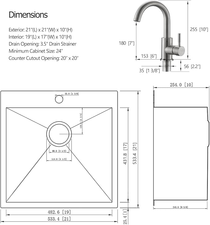 21 Stainless Steel Drop In Kitchen Bar Sink, Luckyhorse 21” x 21” x 10” 18 Gauge Stainless Steel Topmount Kitchen Outdoor Sink LH033L
