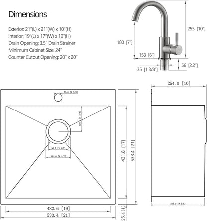21 Stainless Steel Drop In Kitchen Bar Sink, Luckyhorse 21” x 21” x 10” 18 Gauge Stainless Steel Topmount Kitchen Outdoor Sink LH033L