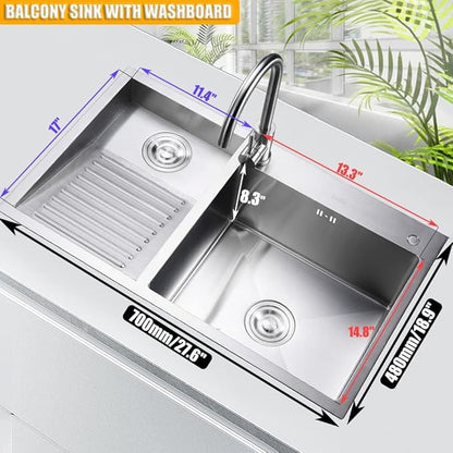 Laundry Utility Sink With Washboard Stainless Steel Kitchen Sink with Faucet Household Pool Balcony Room Wash Basin Easy Clean Double-Bowl, 700mm/27.5Inch