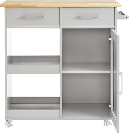 Modway Culinary Rolling Kitchen Cart with Storage in Light Gray Natural - 3 Tiers Kitchen Island on Wheels with Towel Bar, Functional as a Coffee Station, Bar Cabinet or Butcher Block Island