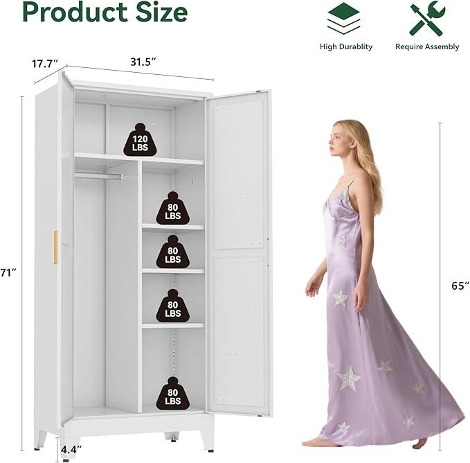 Metal Combination Cabinet, Utility Storage Cabinet with 4 Shelves, Farmhouse Pantry Closet with Doors, 71" Tall Storage Cabinets with Hanging Rod and Clothing Shelf for Hallway Laundry Mudroom
