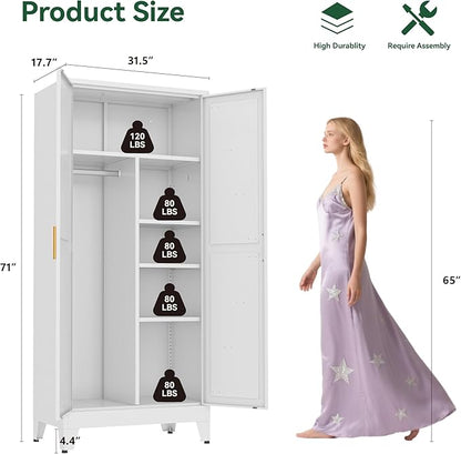 Metal Combination Cabinet, Utility Storage Cabinet with 4 Shelves, Farmhouse Pantry Closet with Doors, 71" Tall Storage Cabinets with Hanging Rod and Clothing Shelf for Hallway Laundry Mudroom