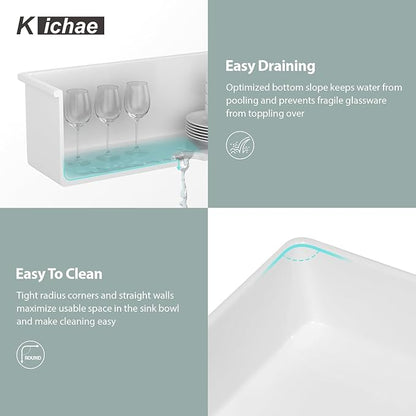 Kichae 32 Inch White Undermount Sink Fireclay 32x19 Inch White Kitchen Sink Dual Drop in & Undermount Kitchen Sinks Single Bowl Deep Porcelain Ceramic Sinks