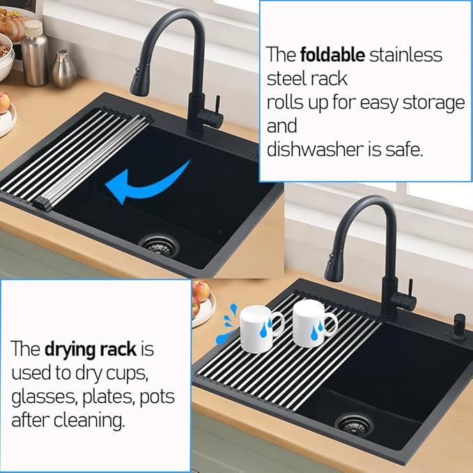 25x22 Drop In Kitchen Sink, Matte Black Granite Composite Quartz Drop In Sink Single Bowl Outdoor Kitchen Sink 25-inch Utility Drop-In/Topmount with Small Rubber Squeegee