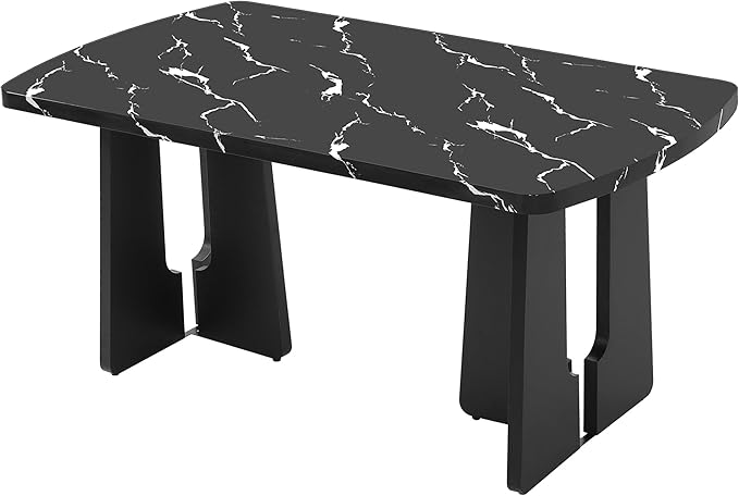 63" 350Lbs Capacity Faux Marble Island Table, Rustic Dining Table with Geometric Legs, Farmhouse Dining Table with Floor Pads for Gatherings, Black