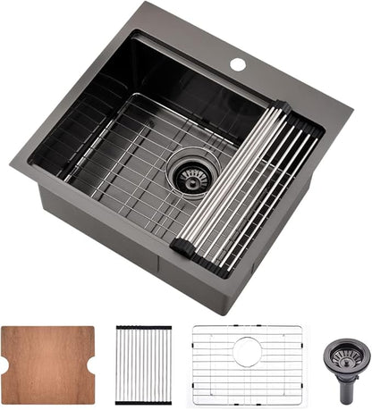 21 Drop In Sink-Bokaiya 21x20 Inch Small Drop In Bar Sink Black Stainless Steel Outdoor Rv Sink 16 Gauge Top Mount Single Bowl Small Kitchen Sink with Cutting Board