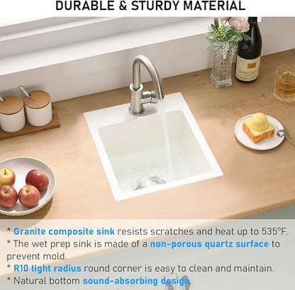 13x15 Inch Drop In Bar Sink, White Granite Composite Quartz Drop In Sink RV Wet Bar Prep Sink Quartz Topmount Single Bowl Kitchen Basin with Small Rubber Squeegee