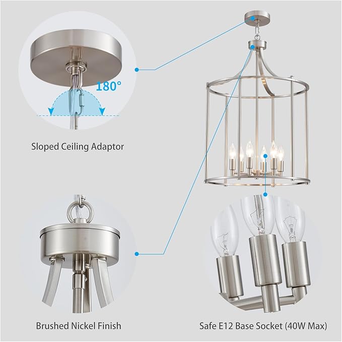 XINGQI 17.7" Brushed Nickel Chandeliers for Dining Room Cage 6-Light Hanging Lantern Pendant Lighting Fixture Metal Farmhouse Geometric Chandelier for Kitchen Island Entryway Living Room
