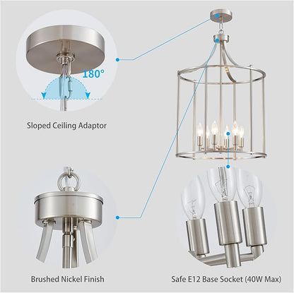 XINGQI 17.7" Brushed Nickel Chandeliers for Dining Room Cage 6-Light Hanging Lantern Pendant Lighting Fixture Metal Farmhouse Geometric Chandelier for Kitchen Island Entryway Living Room