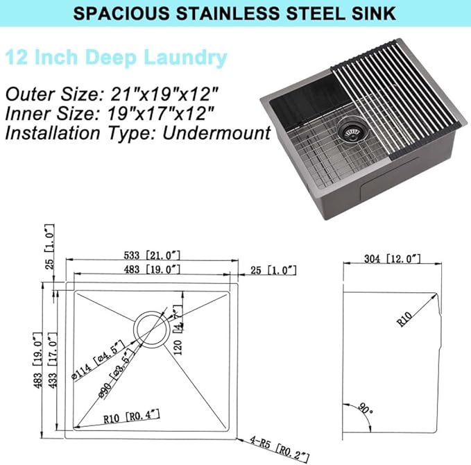 21 Inch Undermount Laundry Sink Black -Wesliv 21x19x12 Inch Black Undermount Laundry Sink Stainless Steel 16 Gauge Single Bowl Deep Under Mount Laundry Room Sinks with Bottom Grid