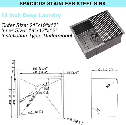 21 Inch Undermount Laundry Sink Black -Wesliv 21x19x12 Inch Black Undermount Laundry Sink Stainless Steel 16 Gauge Single Bowl Deep Under Mount Laundry Room Sinks with Bottom Grid