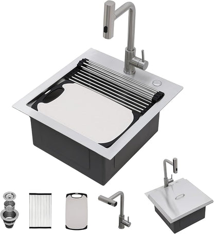 Kichae 19 Inch Outdoor Kitchen Sink - 19" x 20" Stainless Steel Drop Sink 16 Gauge with Pull Down Faucet Combo & Cover for Small Outdoor Kitchens, Bar Prep, and RV Use
