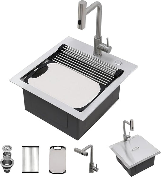 Kichae 19 Inch Outdoor Kitchen Sink - 19" x 20" Stainless Steel Drop Sink 16 Gauge with Pull Down Faucet Combo & Cover for Small Outdoor Kitchens, Bar Prep, and RV Use