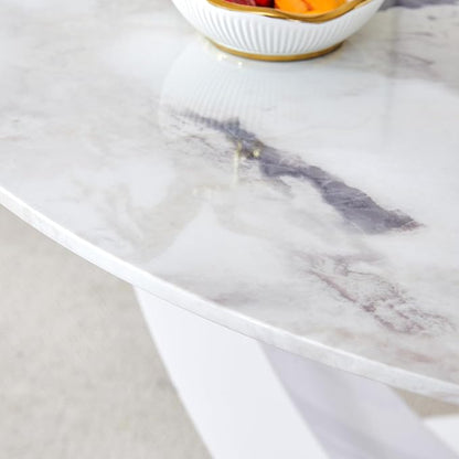 JUFU Round Dining Table for 4/6, 47 Inch Faux Marble Look Dining Room Table, White Kitchen Table with Stable Pedestal, Modern Glass Dining Table for Kitchen,Living Room,Apartment,Restaurant