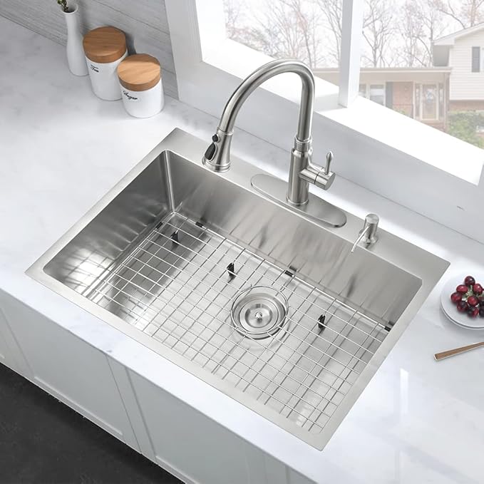 28 Inch Drop In Kitchen Sink Single Bowl, 28x22 Topmount 16 Gauge Stainless Steel Kitchen Sink Brushed Nickel Deep Basin 28x22x10
