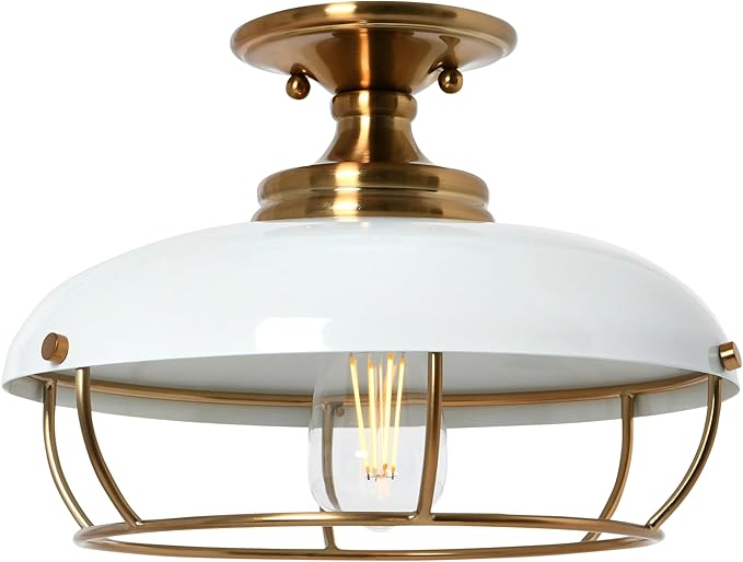 Presley Caged Dome Metal Semi-Flush Mount Ceiling Light, Brushed Brass and White