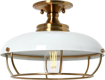 Presley Caged Dome Metal Semi-Flush Mount Ceiling Light, Brushed Brass and White