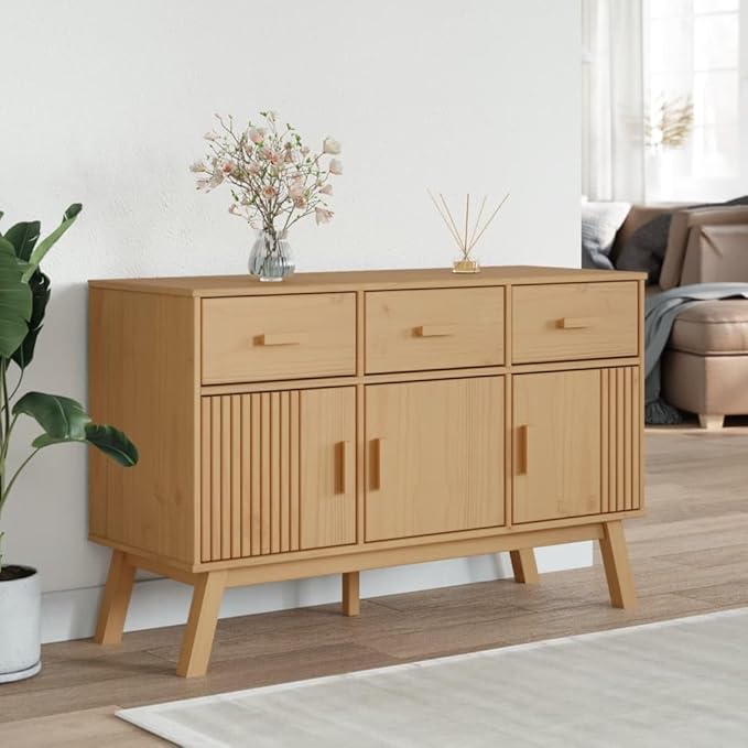 Brown Solid Pinewood Sideboard, Wax Finish, 44.9" x 16. 28. Buffet Cabinet with Drawers, Scandinavian Furniture for Living Room, Kitchen Island Storage Dining Storage