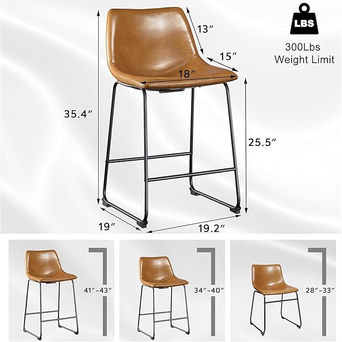 LEMBERI 26 inch Bar Stools Set of 3, Modern Counter Height Bar Stools, Faux Leather Barstool with Back and Metal Leg, Armless Bar Chairs for Kitchen Island (Whisky, 3pcs 26")
