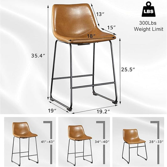LEMBERI 26 inch Bar Stools Set of 3, Modern Counter Height Bar Stools, Faux Leather Barstool with Back and Metal Leg, Armless Bar Chairs for Kitchen Island (Whisky, 3pcs 26")