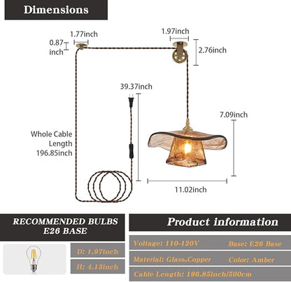 YLONG-ZS Hanging Lights with Plug in Cord,Hanging Lamp Plug in Gold Vintage Glass Pulley Brass Modern Pendant Lights for Kitchen Island,Dining Room, Living Room,Bedroom
