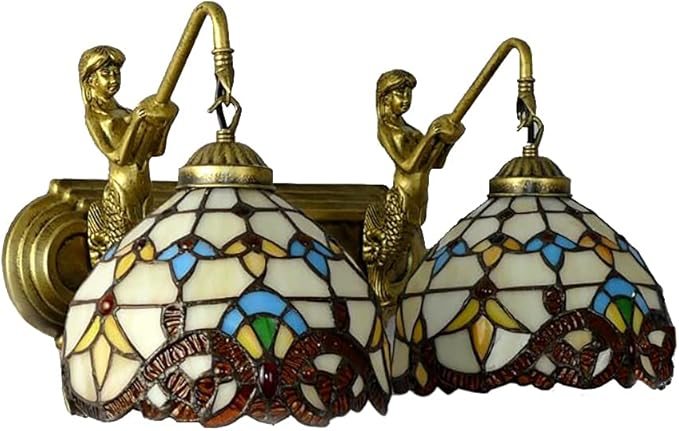 Tiffany Wall Sconce Lighting with Mermaid 2-Light Antique Wall Light Fixture Stained Glass Bowl Shade Bronze Finish Retro Vintage Wall Lamp for Bedroom Hallway Stairway Balcony Bathroom (Yellow)