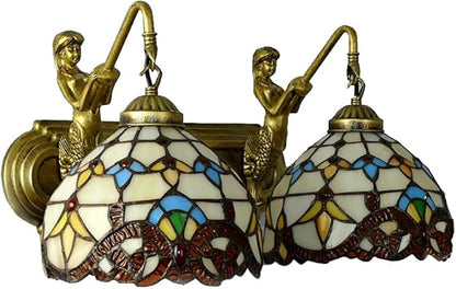 Tiffany Wall Sconce Lighting with Mermaid 2-Light Antique Wall Light Fixture Stained Glass Bowl Shade Bronze Finish Retro Vintage Wall Lamp for Bedroom Hallway Stairway Balcony Bathroom (Yellow)
