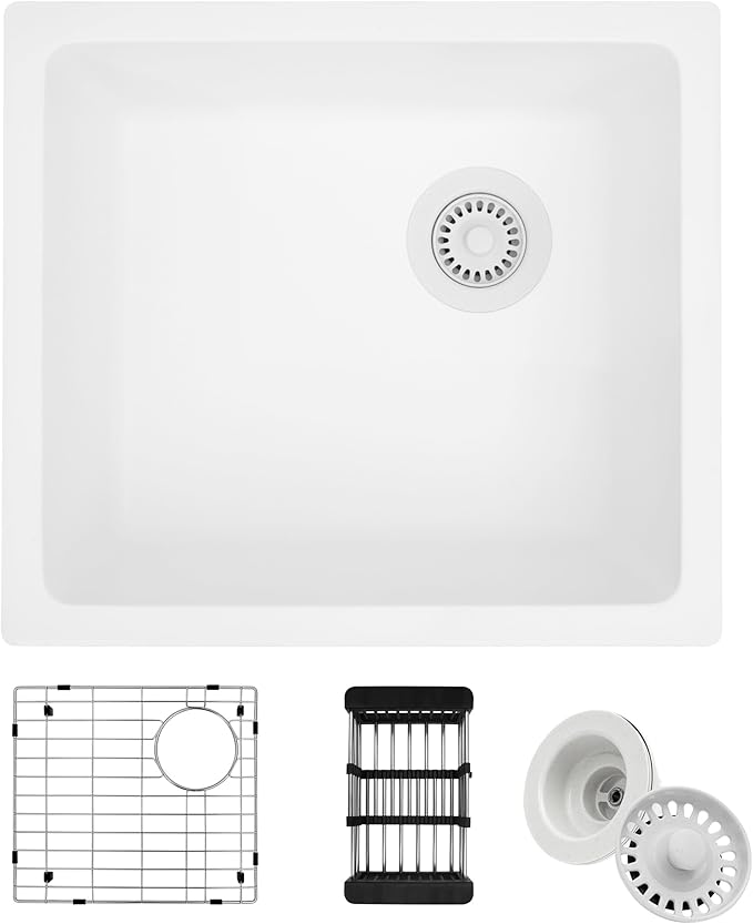 White Bar Sink,White Granite Composite Kitchen Sink With Accessories,19 Inch Undermount Quartz Stone Kitchen Sinks, 19" x 17" x 9 White Kitchen Sink with Offset Drain
