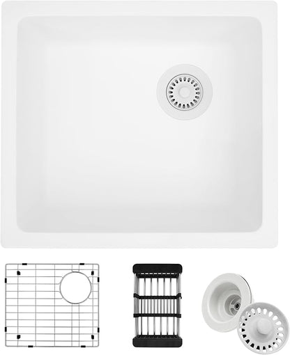 White Bar Sink,White Granite Composite Kitchen Sink With Accessories,19 Inch Undermount Quartz Stone Kitchen Sinks, 19" x 17" x 9 White Kitchen Sink with Offset Drain