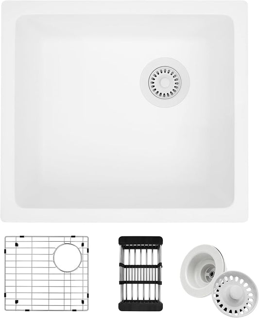 White Bar Sink,White Granite Composite Kitchen Sink With Accessories,19 Inch Undermount Quartz Stone Kitchen Sinks, 19" x 17" x 9 White Kitchen Sink with Offset Drain