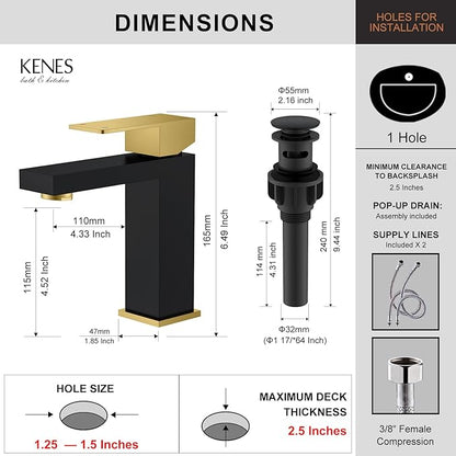 KENES Single Handle Bathroom Sink Faucet, Black and Gold Bathroom Faucets Single Hole, Vanity Faucet with Pop Up Drain and Supply Lines, Matte Black/Brushed Gold LJ-9031-BG
