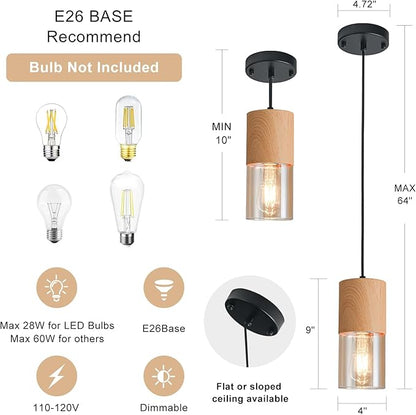 Gold Pendant Lights for Kitchen Island, Adjustable Modern Pendant Light Fixtures with Raw Wood Grain, Industrial Amber Glass Pendant Lights for Dining Table Hallway Bedroom Living Room,1 Pack