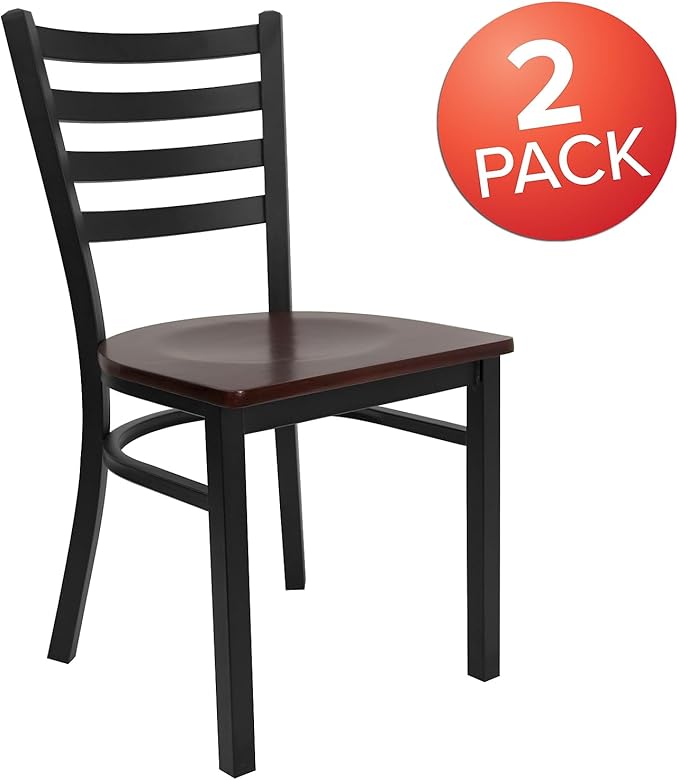 Flash Furniture 2 Pack HERCULES Series Black Ladder Back Metal Restaurant Chair - Mahogany Wood Seat