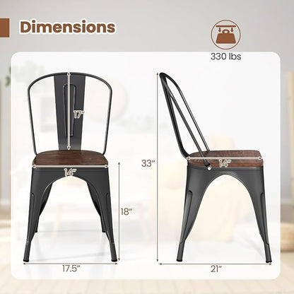COSTWAY 18 Inch Dining Chair Set of 4, Industrial Vintage Stackable Metal Chairs, Counter Bar Chairs with High Backrest, Wood Seat, for Home, Kitchen and Cafe Bar Use
