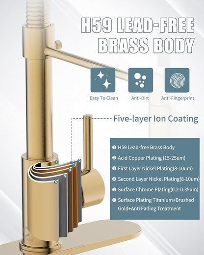 Kitchen Faucet, Brushed Gold Kitchen Faucet with Soap Dispenser and Deck Plate, Faucet for Camper Farmhouse RV Kitchen Sink, Single Handle Stainless Steel Kitchen Sink Faucets with Pull Down Sprayer