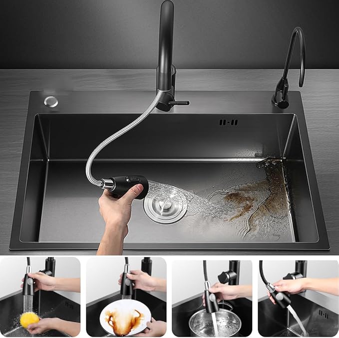 ARTLINE Black Kitchen Sink, Stainless Steel Single Bowl Sink, Drop In/Topmount Workstation Sink with Sliding Accessories, Farmhouse Workstation sink with Multiple Accessories (23.6 x 17.7in), RXZE031