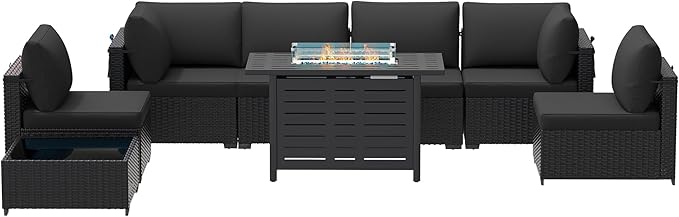 Patio Furniture Set 7 Pieces Conversation Set Wicker Outdoor Sectional Sofa,Ergonomic Armrests Couch with Cushion and Glass Table (Black-Black, 8 Piece-Fire Table)