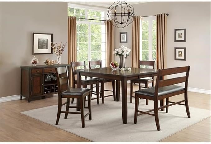 Pemberly Row 44.5 in Wood Counter Height Dining Bench, Cherry Finish, Faux Leather Upholstery, Wood Backrest, Transitional Kitchen Seating, 300 lb Capacity