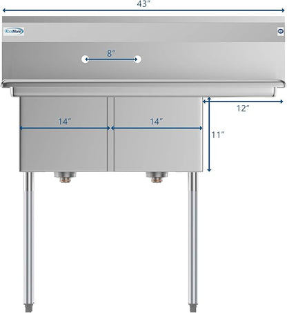 KoolMore 2 Compartment Stainless Steel NSF Commercial Kitchen Prep & Utility Sink with Drainboard - Bowl Size 14" x 16" x 11", Silver