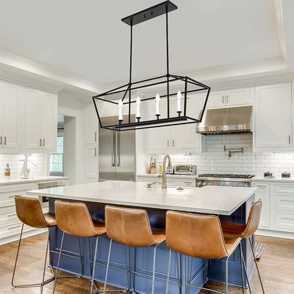 BONLICHT Modern Linear Chandelier Black 4 Light Industrial Kitchen Island Pendant Light Fixtures Ceiling Hanging with Metal Cage Shade, White Farmhouse Chandelier Dining Room Lighting Over Table