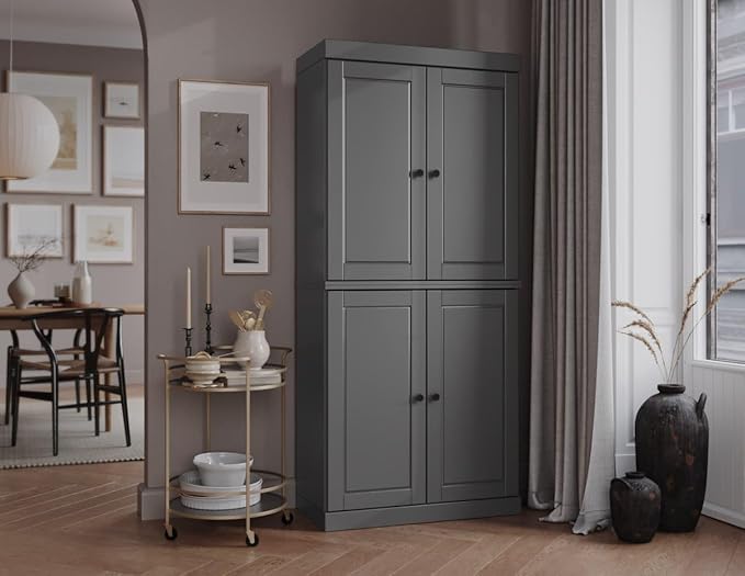 Palace Imports Solid Wood Kitchen Pantry Cabinet - 71.5" Tall x 32" Wide - Wooden Storage Cabinet with 4 Doors & Adjustable Shelves, Gray, 100% Renewable Eco-Friendly Wood, Made in Brazil