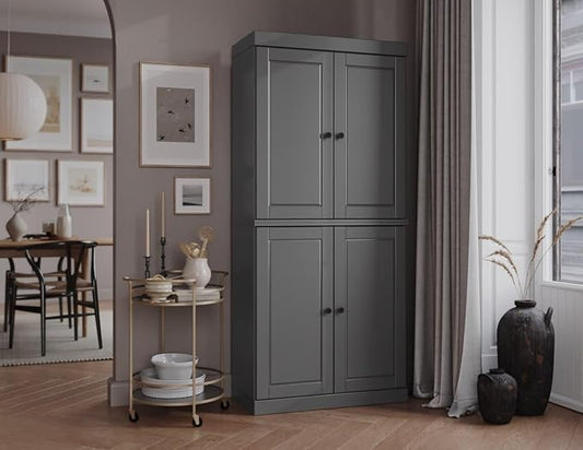Palace Imports Solid Wood Kitchen Pantry Cabinet - 71.5" Tall x 32" Wide - Wooden Storage Cabinet with 4 Doors & Adjustable Shelves, Gray, 100% Renewable Eco-Friendly Wood, Made in Brazil