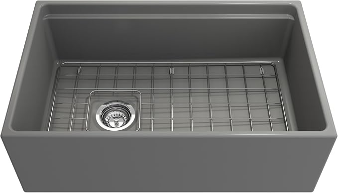BOCCHI Contempo Workstation Apron Front Step Rim Fireclay 30 in. Single Bowl Kitchen Sink with Accessories in Matte Gray