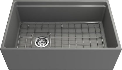 BOCCHI Contempo Workstation Apron Front Step Rim Fireclay 30 in. Single Bowl Kitchen Sink with Accessories in Matte Gray