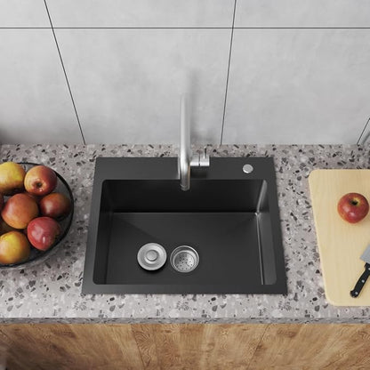20" x 16" Drop in Kitchen Sink 304 Stainless Steel Single Bowl Topmount Bar Sink with Drain Kit and Bottom Grid, Black