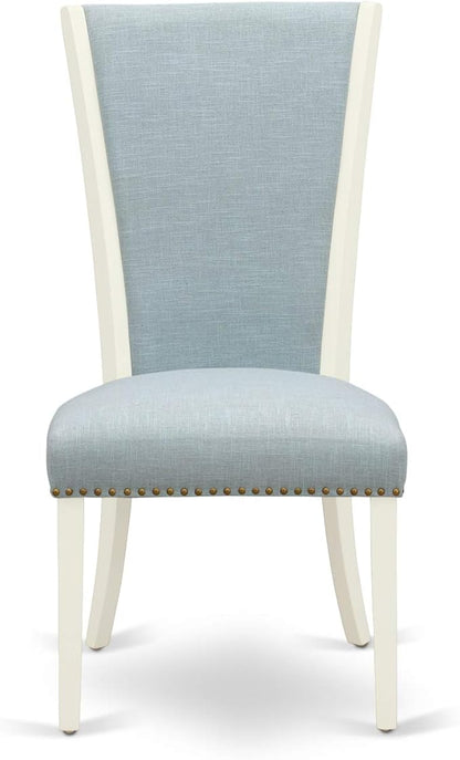 East West Furniture VEP2T15 Verona Parson Dining Chairs - Nailhead Trim Baby Blue Linen Fabric Padded Chairs, Set of 2, Linen White